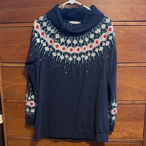 Soft Surroundings Navy Cowl Neck Sweatshirt with Colorful Embroidery & Beading